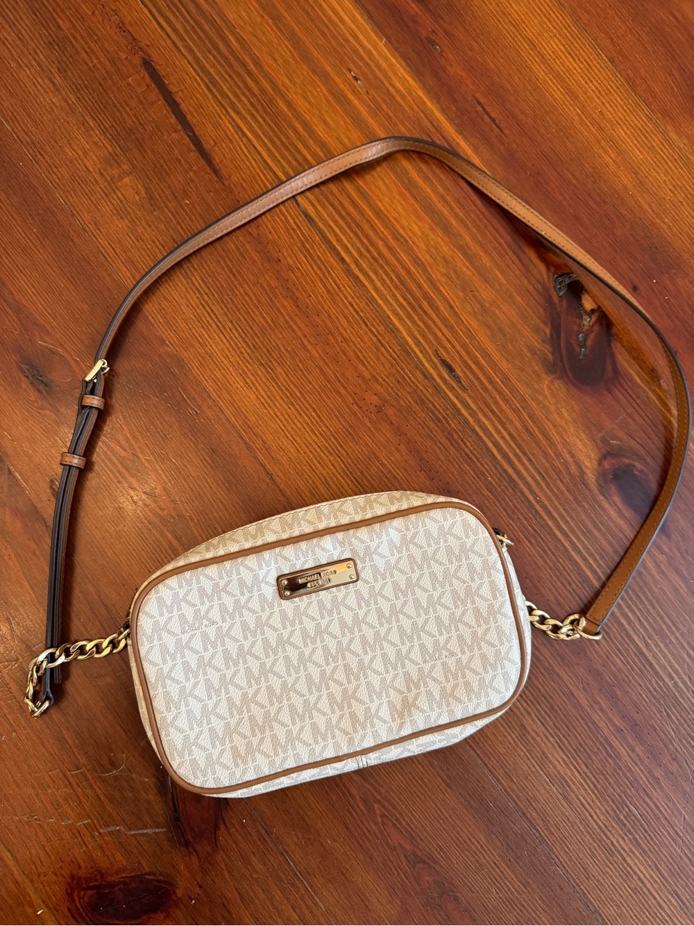 Michael Kors Cream and Brown Signature Crossbody Camera Bag , gently used